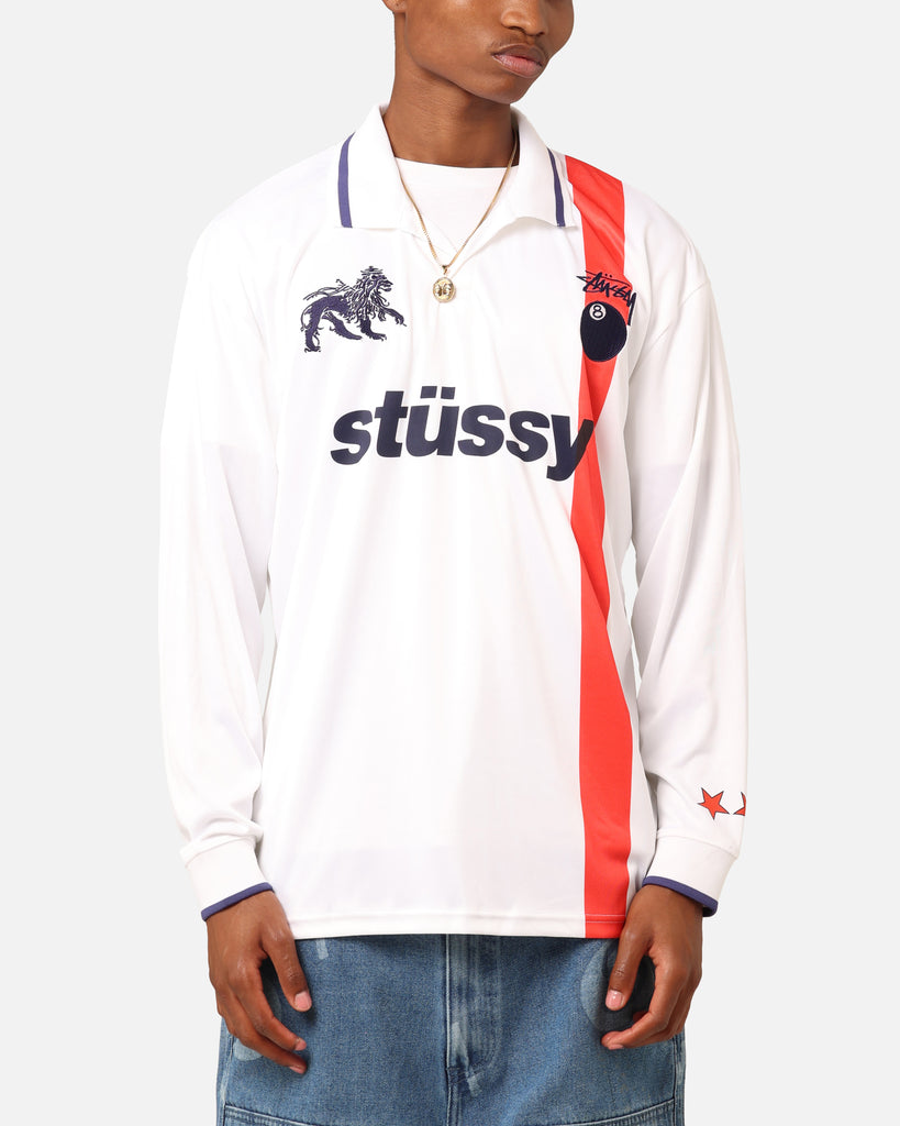 Stussy Football Polo Long Sleeve T Shirt White Red Stripe Culture Kings NZ