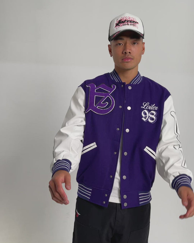 Dark Purple Wool Body & Black Sleeves Letterman Jacket | Clothoo